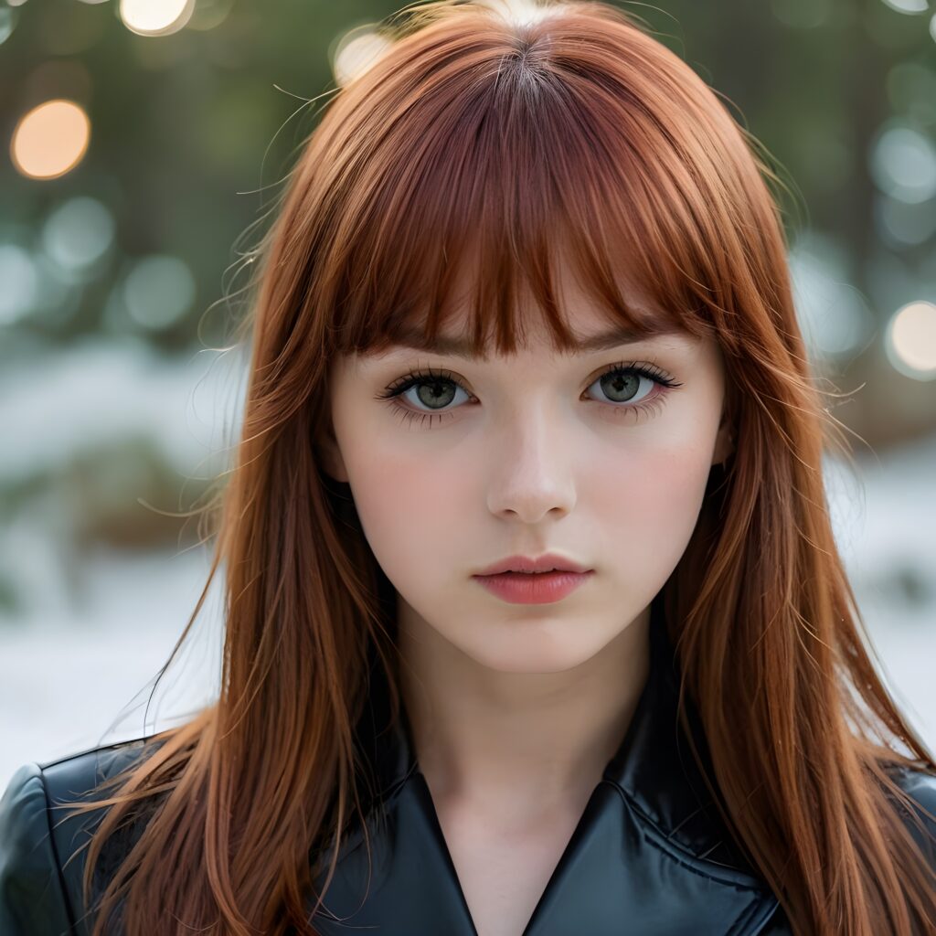 visualize a (((really detailed young teenage girl with long, soft straight red hair framing her face in classic bangs, her lips looking seductively parted against a (translucent, otherworldly backdrop))), dressed in a sleek, black leather suit that accentuates every curve of her stunningly beautiful form, against a backdrop that suggests an ethereal mist