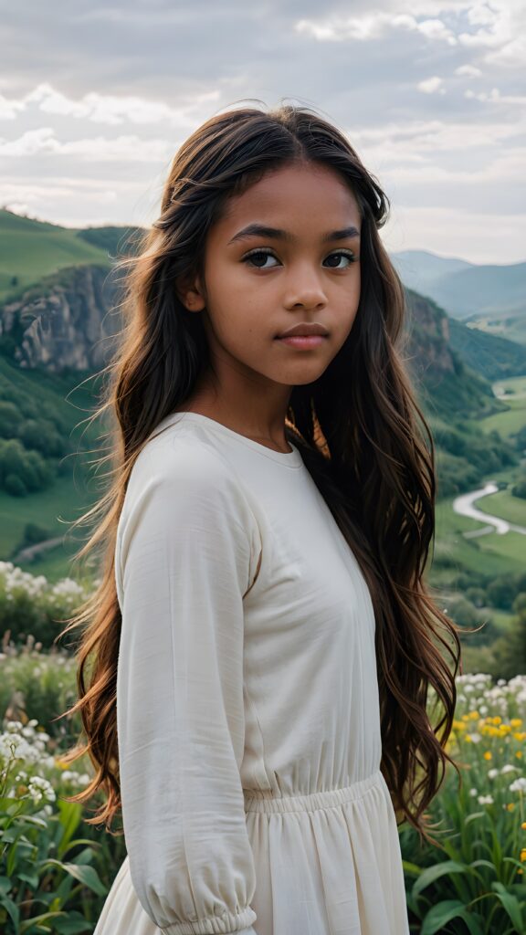 visualize a (((vividly beautiful scene))) where a (((teen girl with striking contrasting features))) with deep, dark skin and long, flowing tresses stands out against a backdrop of a serene, (ethereal landscape)