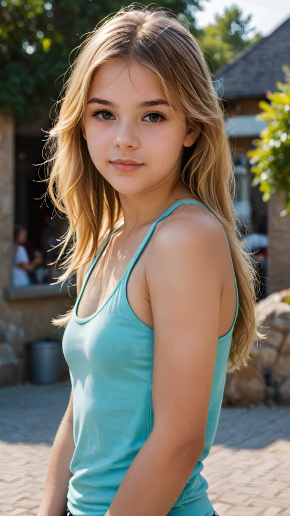 visualize a detailed and realistic photo from: a (((beautiful teenage girl, 15 years old))), she has a wonderfully shaped body and is lightly clothed in a tight tank top that emphasizes her beautiful body, she has soft long blond hair, in bangs cut, full lips, she looks seductively into the camera