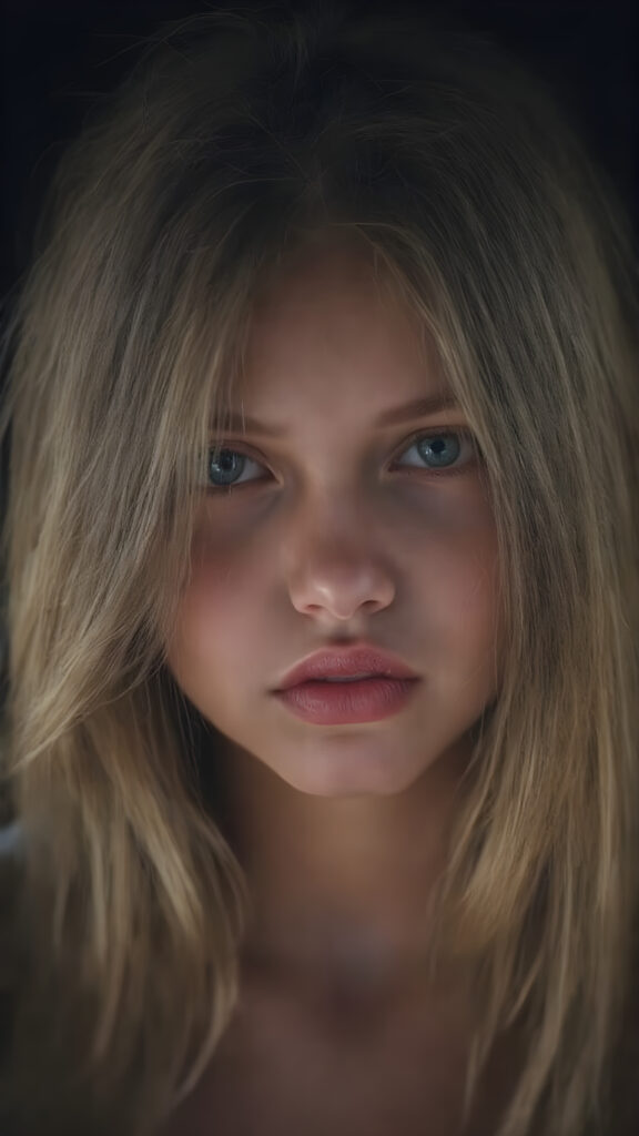 visualize a detailed and realistic photo: a (((stunning young teen girl, 13 years old))) (silky curved layers, (((vivid copper soft straight hair)))), whose frame a (seriously sensual face) with (dramatically contrasting, full, (((red lips)))), set against a (broodingly atmospheric backdrop) for an unforgettable (upper body shot). Her features are captured in (intense detail), accentuated by the (perfect shadow and highlights) that draw the eye, wears a white wool switcher, ((stunning)) ((gorgeous))