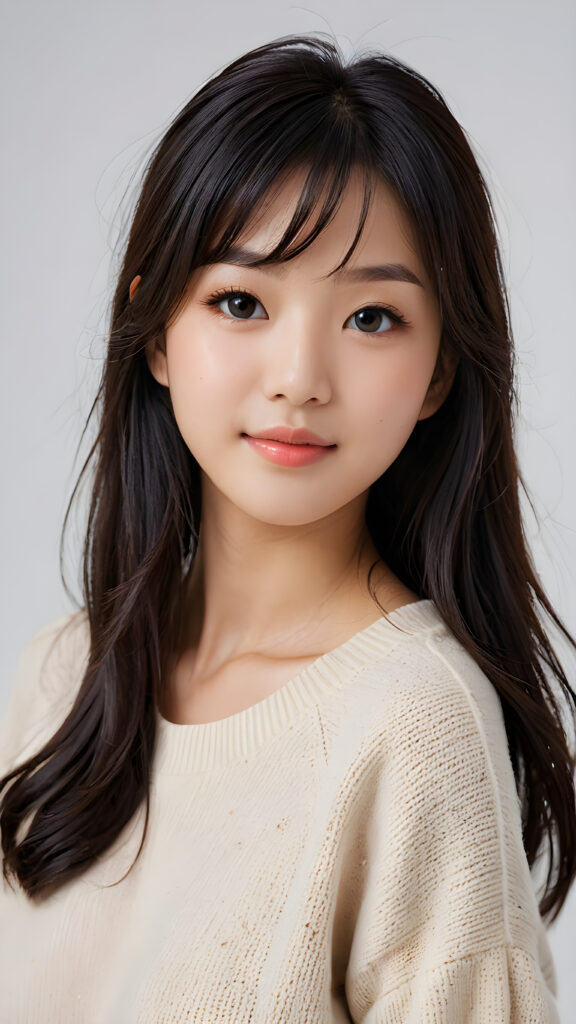 visualize a detailed and realistic photo: a beautiful young (((Japanese teen girl))) with exquisite features and a playful smile, her figure is elegantly curved and her face gazes upwards in a (((sultry expression))), she wears a plain super soft sweater made of fine wool, black soft long straight hair, bangs cut, ((white background))