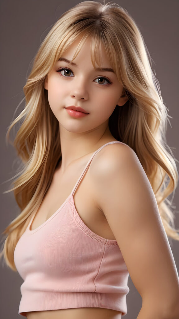 visualize a detailed and realistic photo from: a (((beautiful teenage girl, 15 years old))), she has a wonderfully shaped body and is lightly clothed in a tight tank top that emphasizes her beautiful body, she has soft long blond hair, in bangs cut, full lips, she looks seductively into the camera