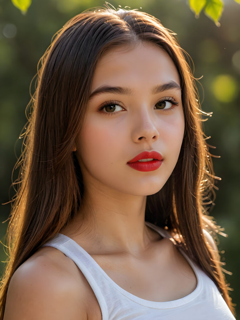 visualize a detailed and realistic photo: a (((stunning young teen girl, 15 years old))) (glossy hair with subtle layering, (((vivid amber soft straight hair)))), whose frame a (seriously sensual face) with (dramatically contrasting, full, (((red lips)))), set against a (broodingly atmospheric backdrop) for an unforgettable (upper body shot). Her features are captured in (intense detail), accentuated by the (ombré shadow and highlights) that draw the eye, wears a white tank top, ((stunning)) ((gorgeous)) ((side view))