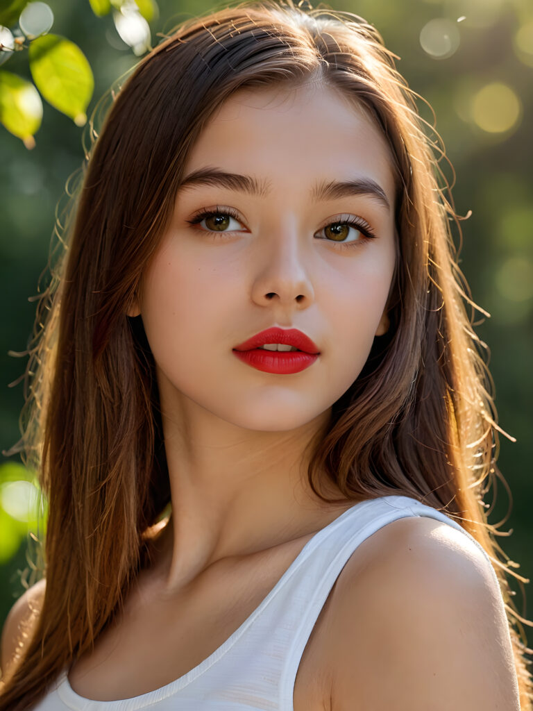 visualize a detailed and realistic photo: a (((stunning young teen girl, 15 years old))) (glossy hair with subtle layering, (((vivid amber soft straight hair)))), whose frame a (seriously sensual face) with (dramatically contrasting, full, (((red lips)))), set against a (broodingly atmospheric backdrop) for an unforgettable (upper body shot). Her features are captured in (intense detail), accentuated by the (ombré shadow and highlights) that draw the eye, wears a white tank top, ((stunning)) ((gorgeous)) ((side view))