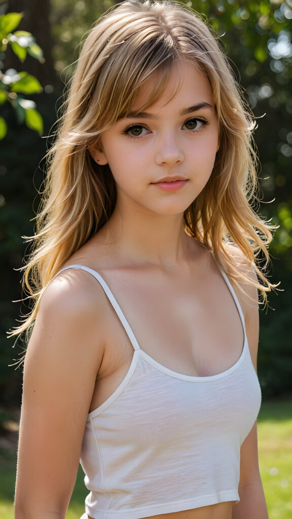 visualize a detailed and realistic photo from: a (((beautiful teenage girl, 16 years old))), she has a wonderfully shaped body and is lightly clothed in a tight crop tank top that emphasizes her beautiful body, she has soft long blond jet hair, in bangs cut, full lips, she looks seductively into the camera