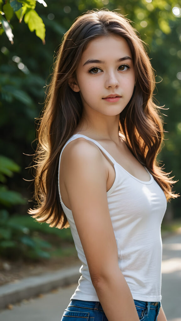 visualize a detailed and realistic photo from: a (((beautiful teenage girl))), she has a wonderfully shaped body and is lightly clothed in a tight tank top that emphasizes her beautiful body, she has soft long hair