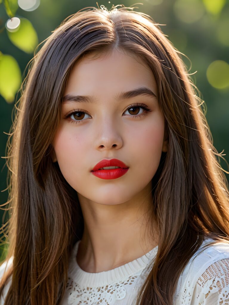 visualize a detailed and realistic photo: a (((stunning young teen girl, 13 years old))) (silky curved layers, (((vivid cupper soft straight hair)))), whose frame a (seriously sensual face) with (dramatically contrasting, full, (((red lips)))), set against a (broodingly atmospheric backdrop) for an unforgettable (upper body shot). Her features are captured in (intense detail), accentuated by the (ombré shadow and highlights) that draw the eye ((natural background))