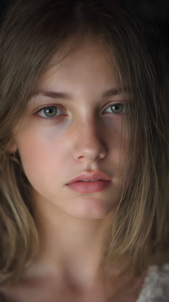 visualize a detailed and realistic photo: a (((stunning young teen girl, 13 years old))) (silky curved layers, (((vivid copper soft straight hair)))), whose frame a (seriously sensual face) with (dramatically contrasting, full, (((red lips)))), set against a (broodingly atmospheric backdrop) for an unforgettable (upper body shot). Her features are captured in (intense detail), accentuated by the (perfect shadow and highlights) that draw the eye, wears a white wool switcher, ((stunning)) ((gorgeous))