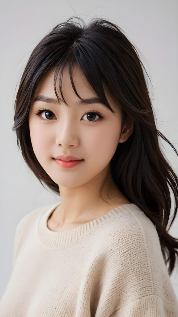 visualize a detailed and realistic photo: a beautiful young (((Japanese teen girl))) with exquisite features and a playful smile, her figure is elegantly curved and her face gazes upwards in a (((sultry expression))), she wears a plain super soft sweater made of fine wool, black soft long straight hair, bangs cut, ((white background))