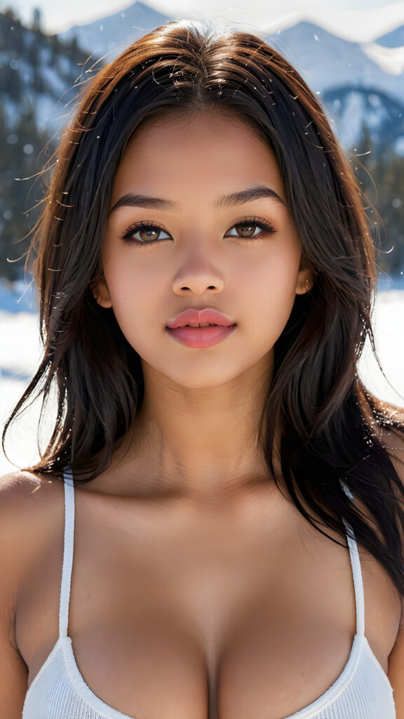 visualize a detailed and realistic photo: a (((stunning young light brown-skinned busty Exotic teen girl with flawless, soft skin))) (glossy hair with subtle layering, (((vivid obsidian black soft straight hair)))), whose frame a (seriously sensual face) with (dramatically contrasting, full, (((natural lips)))), round face and a warm smile, the mouth slightly open with white teeth, (light brown eyes), set against a (broodingly atmospheric snow backdrop) for an unforgettable (upper body shot). Her features are captured in (intense detail), accentuated by the (ombré shadow and highlights) that draw the eye, ((she wears a white v-neck tank top that emphasizes her perfectly shaped body)), ((gorgeous)) ((side view))