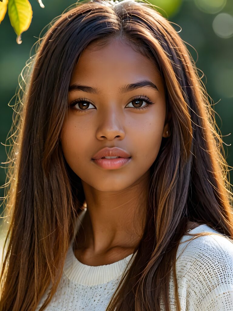 visualize a detailed and realistic photo: a (((stunning young brown-skinned teen girl, 17 years old))) (silky curved layers, (((vivid amber soft straight hair)))), whose frame a (seriously sensual face) with (dramatically contrasting, full, (((lips)))), set against a (broodingly atmospheric backdrop) for an unforgettable (upper body shot). Her features are captured in (intense detail), accentuated by the (ombré shadow and highlights) that draw the eye, wears a white wool sweatcher, ((stunning)) ((gorgeous))