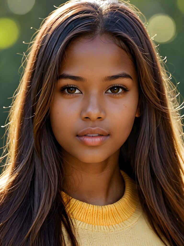 visualize a detailed and realistic photo: a (((stunning young brown-skinned teen girl, 17 years old))) (silky curved layers, (((vivid amber soft straight hair)))), whose frame a (seriously sensual face) with (dramatically contrasting, full, (((lips)))), set against a (broodingly atmospheric backdrop) for an unforgettable (upper body shot). Her features are captured in (intense detail), accentuated by the (ombré shadow and highlights) that draw the eye, wears a white wool sweatcher, ((stunning)) ((gorgeous))