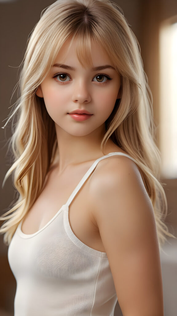 visualize a detailed and realistic photo from: a (((beautiful teenage girl, 15 years old))), she has a wonderfully shaped body and is lightly clothed in a tight tank top that emphasizes her beautiful body, she has soft long blond hair, in bangs cut, full lips, she looks seductively into the camera