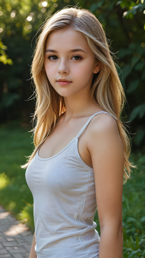 visualize a detailed and realistic photo from: a (((beautiful teenage girl, 15 years old))), she has a wonderfully shaped body and is lightly clothed in a tight tank top that emphasizes her beautiful body, she has soft long blond hair, full lips, she looks seductively into the camera