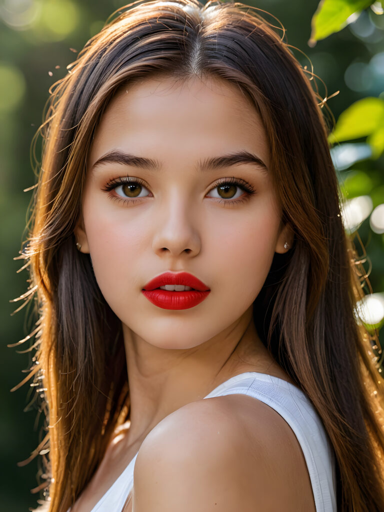 visualize a detailed and realistic photo: a (((stunning young teen girl, 15 years old))) (glossy hair with subtle layering, (((vivid amber soft straight hair)))), whose frame a (seriously sensual face) with (dramatically contrasting, full, (((red lips)))), set against a (broodingly atmospheric backdrop) for an unforgettable (upper body shot). Her features are captured in (intense detail), accentuated by the (ombré shadow and highlights) that draw the eye, wears a white tank top, ((stunning)) ((gorgeous)) ((side view))