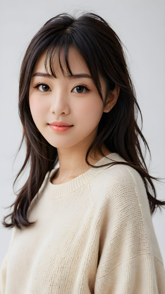 visualize a detailed and realistic photo: a beautiful young (((Japanese teen girl))) with exquisite features and a playful smile, her figure is elegantly curved and her face gazes upwards in a (((sultry expression))), she wears a plain super soft sweater made of fine wool, black soft long straight hair, bangs cut, ((white background))