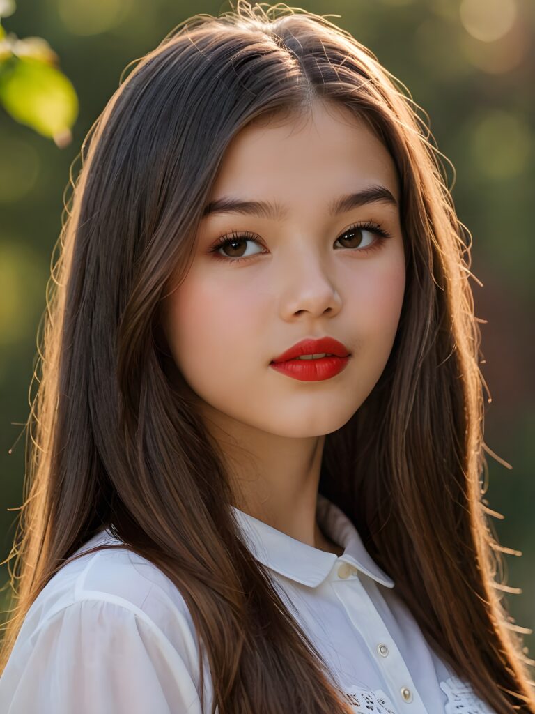 visualize a detailed and realistic photo: a (((stunning young teen girl, 13 years old))) (silky curved layers, (((vivid cupper soft straight hair)))), whose frame a (seriously sensual face) with (dramatically contrasting, full, (((red lips)))), set against a (broodingly atmospheric backdrop) for an unforgettable (upper body shot). Her features are captured in (intense detail), accentuated by the (ombré shadow and highlights) that draw the eye ((natural background))