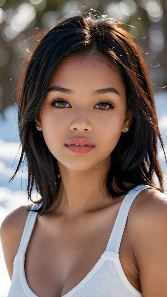 visualize a detailed and realistic photo: a (((stunning young light brown-skinned busty Exotic teen girl with flawless, soft skin))) (glossy hair with subtle layering, (((vivid obsidian black soft straight hair)))), whose frame a (seriously sensual face) with (dramatically contrasting, full, (((natural lips)))), round face and a warm smile, the mouth slightly open with white teeth, (light brown eyes), set against a (broodingly atmospheric snow backdrop) for an unforgettable (upper body shot). Her features are captured in (intense detail), accentuated by the (ombré shadow and highlights) that draw the eye, ((she wears a white v-neck tank top that emphasizes her perfectly shaped body)), ((gorgeous)) ((side view))