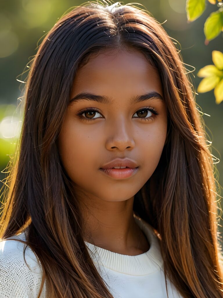 visualize a detailed and realistic photo: a (((stunning young brown-skinned teen girl, 17 years old))) (silky curved layers, (((vivid amber soft straight hair)))), whose frame a (seriously sensual face) with (dramatically contrasting, full, (((lips)))), set against a (broodingly atmospheric backdrop) for an unforgettable (upper body shot). Her features are captured in (intense detail), accentuated by the (ombré shadow and highlights) that draw the eye, wears a white wool sweatcher, ((stunning)) ((gorgeous))