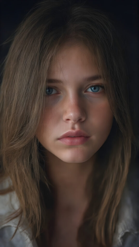 visualize a detailed and realistic photo: a (((stunning young teen girl, 13 years old))) (silky curved layers, (((vivid copper soft straight hair)))), whose frame a (seriously sensual face) with (dramatically contrasting, full, (((red lips)))), set against a (broodingly atmospheric backdrop) for an unforgettable (upper body shot). Her features are captured in (intense detail), accentuated by the (perfect shadow and highlights) that draw the eye, wears a white wool switcher, ((stunning)) ((gorgeous))