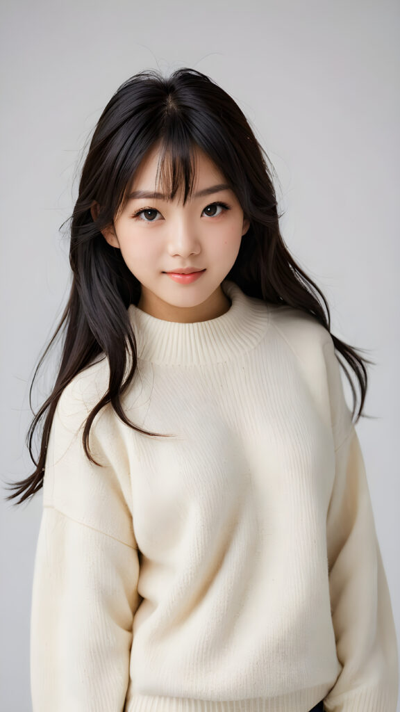 visualize a detailed and realistic photo: a beautiful young (((Japanese teen girl))) with exquisite features and a playful smile, her figure is elegantly curved and her face gazes upwards in a (((sultry expression))), she wears a plain super soft sweater made of fine wool, black soft long straight hair, bangs cut, ((white background))