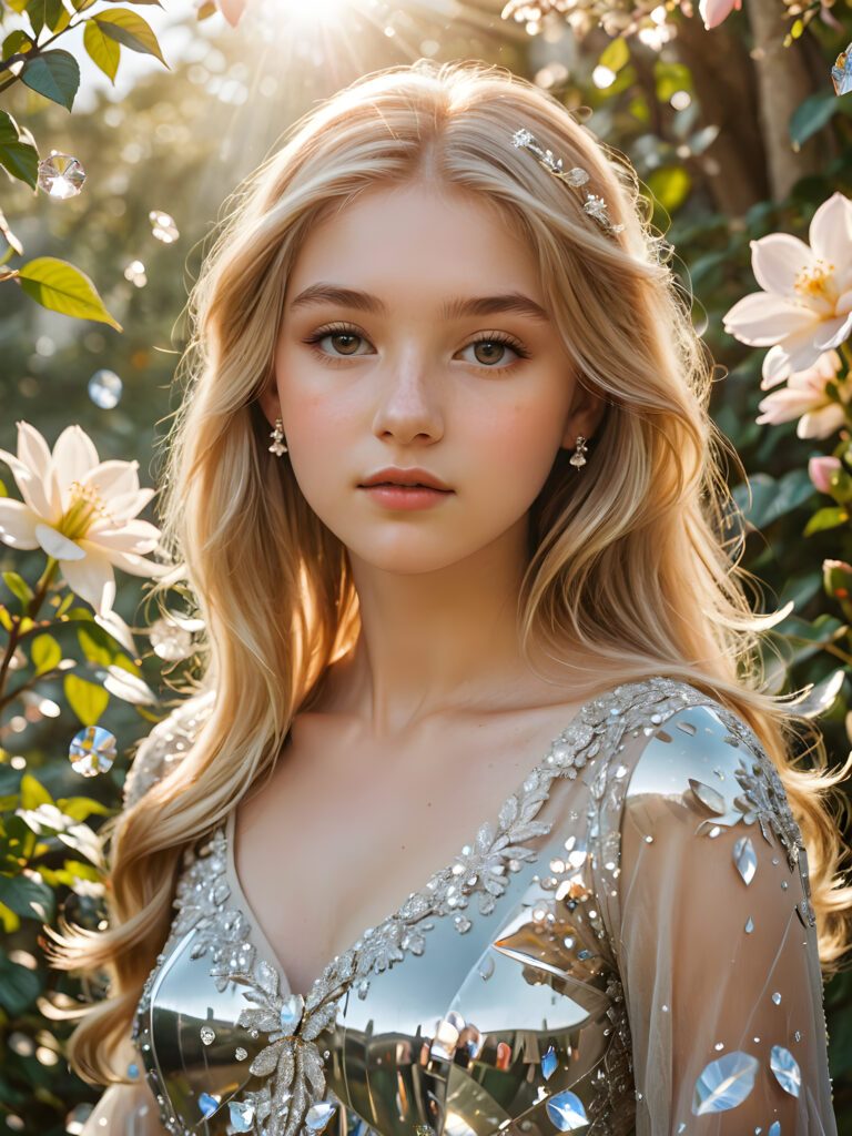 visualize a (((vividly drawn teenage girl))) with long, flowing blonde hair, standing against a backdrop of delicate blooms softly bathed in a (((vintage diamond sunlight filter))), her form and details reflect a timeless fantasy aesthetic that combines whimsy and nostalgia, as if captured through a shattered mirror