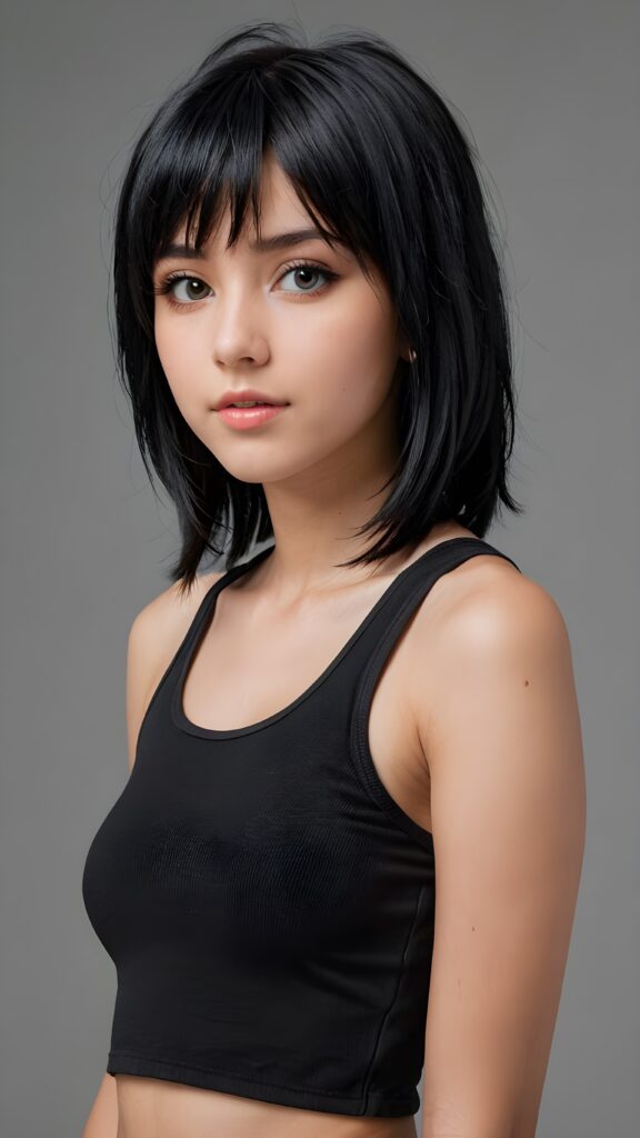 (((visualize a 3d picture))) of a (((cute teen emo girl))) with a ((((shoulder-length soft obsidian black straight hair)))), which perfectly styled and framed her face in (((side-swept bangs))), ((Bob cut)), and ((piercing eyes)), accompanied by a sleek and stylish (((tank top))). The scene is cropped from a (full-body view) to a (close-up of the girl), emphasizing her intricate details and expressing a sense of empathy and loneliness in the (((grey background))), side view