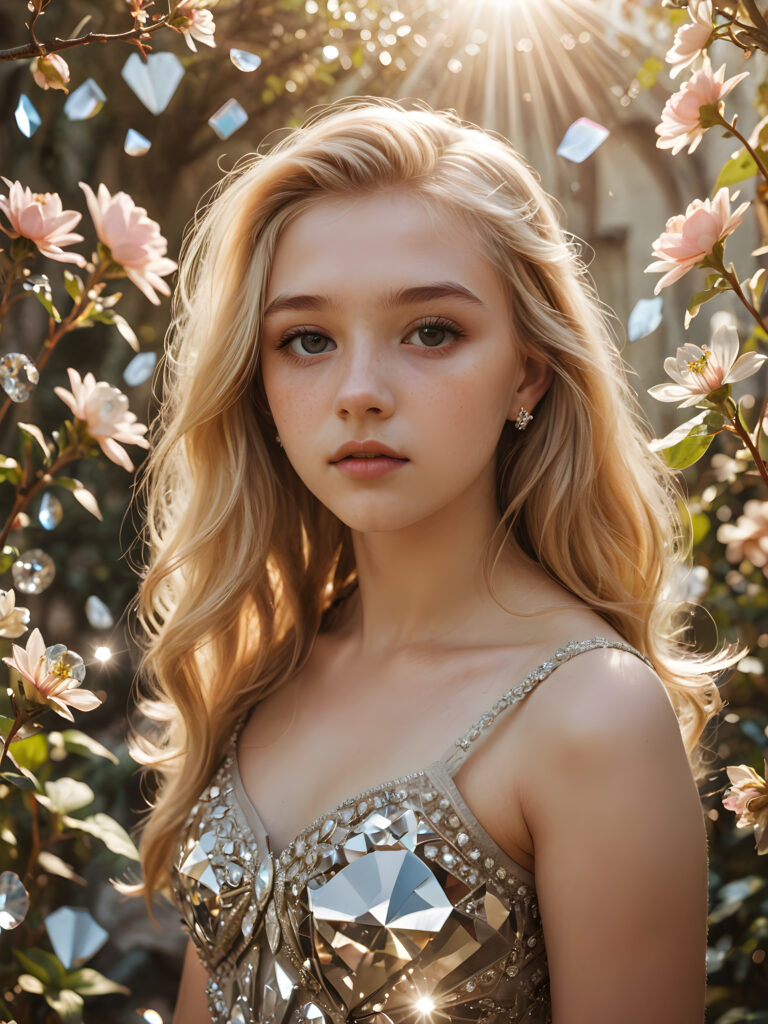 visualize a (((vividly drawn teenage girl))) with long, flowing blonde hair, standing against a backdrop of delicate blooms softly bathed in a (((vintage diamond sunlight filter))), her form and details reflect a timeless fantasy aesthetic that combines whimsy and nostalgia, as if captured through a shattered mirror