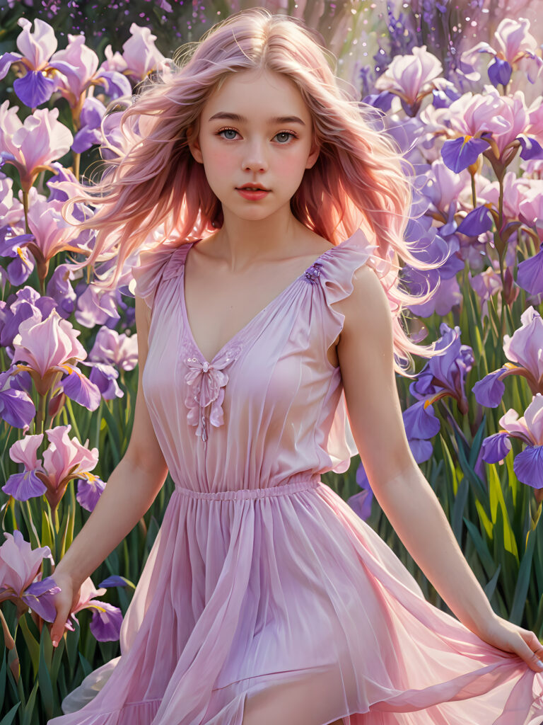 visualize a (((girl in a short, flowy dress))), her face obscured by a (((translucent, pinkish hue))), with (((pink and lavender irises))), and (((translucent pink soft hair))), all combining to create an aura of intrigue and refinement in a (dreamlike backdrop with softly detailed fantastical elements)