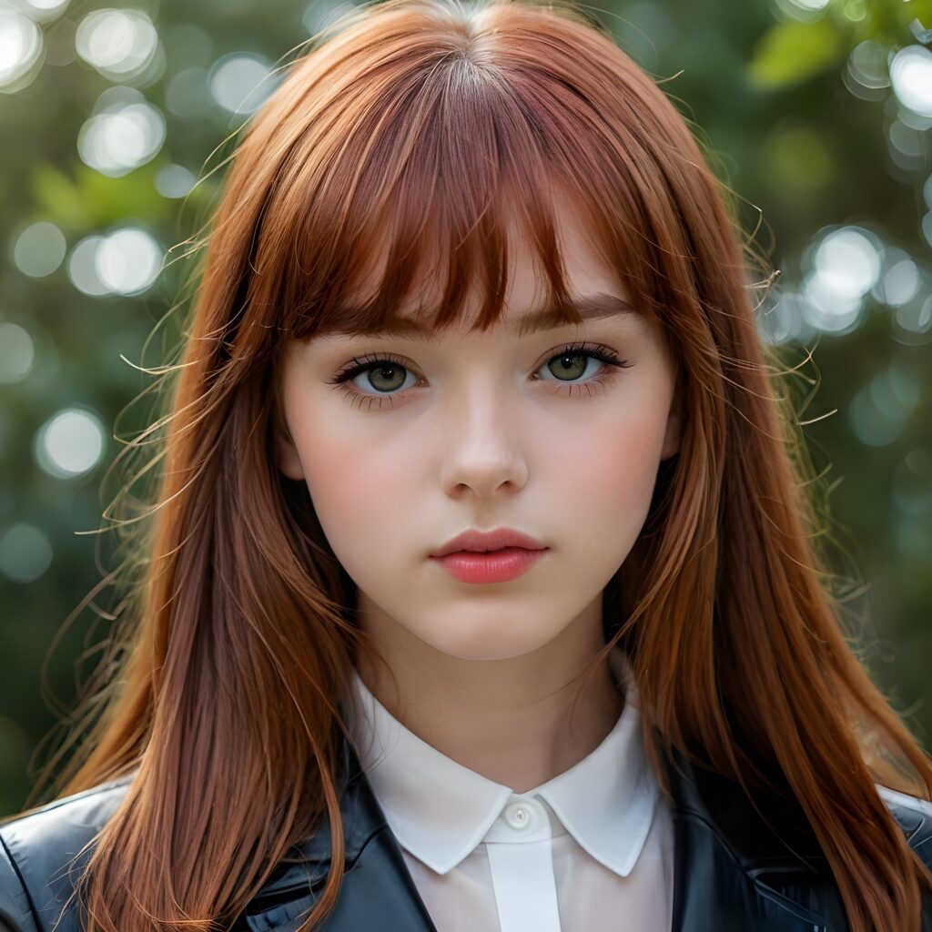 visualize a (((really detailed young teenage girl with long, soft straight red hair framing her face in classic bangs, her lips looking seductively parted against a (translucent, otherworldly backdrop))), dressed in a sleek, black leather suit that accentuates every curve of her stunningly beautiful form, against a backdrop that suggests an ethereal mist