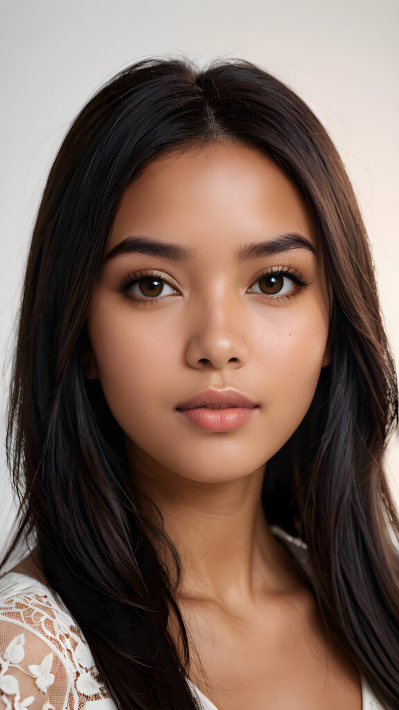 visualize a (((realistically detailed image))) of a (((softly beautiful young Exotic girl))), ((round face)), with delicate yet intricate (((light brown skin))), luxurious long (((straight, smooth obsidian black hair))), framed by a (((gently contrasting white backdrop))), 8K, Full HD, 3D, ((two viewpoint)), cinematic, contrast color grading, vivid color, hue shift