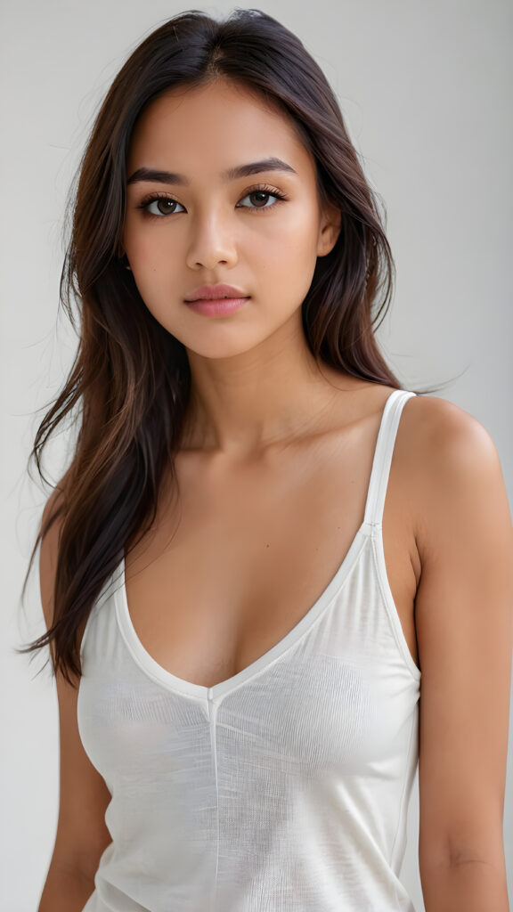 visualize a (((realistically detailed image))) of a (((softly beautiful young Exotic girl))), with exquisite, smooth skin and straight, ((very long hair)), dressed in a (((short plain tank top, deep v-neck))), against a (((gently contrasting white backdrop)))