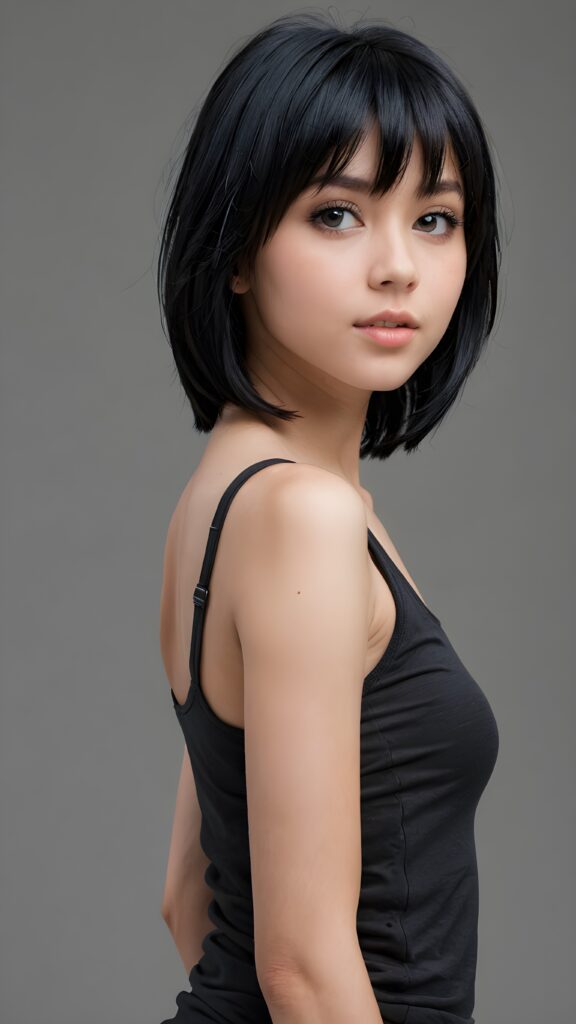 (((visualize a 3d picture))) of a (((cute teen emo girl))) with a ((((shoulder-length soft obsidian black straight hair)))), which perfectly styled and framed her face in (((side-swept bangs))), ((Bob cut)), and ((piercing eyes)), accompanied by a sleek and stylish (((tank top))). The scene is cropped from a (full-body view) to a (close-up of the girl), emphasizing her intricate details and expressing a sense of empathy and loneliness in the (((grey background))), side view