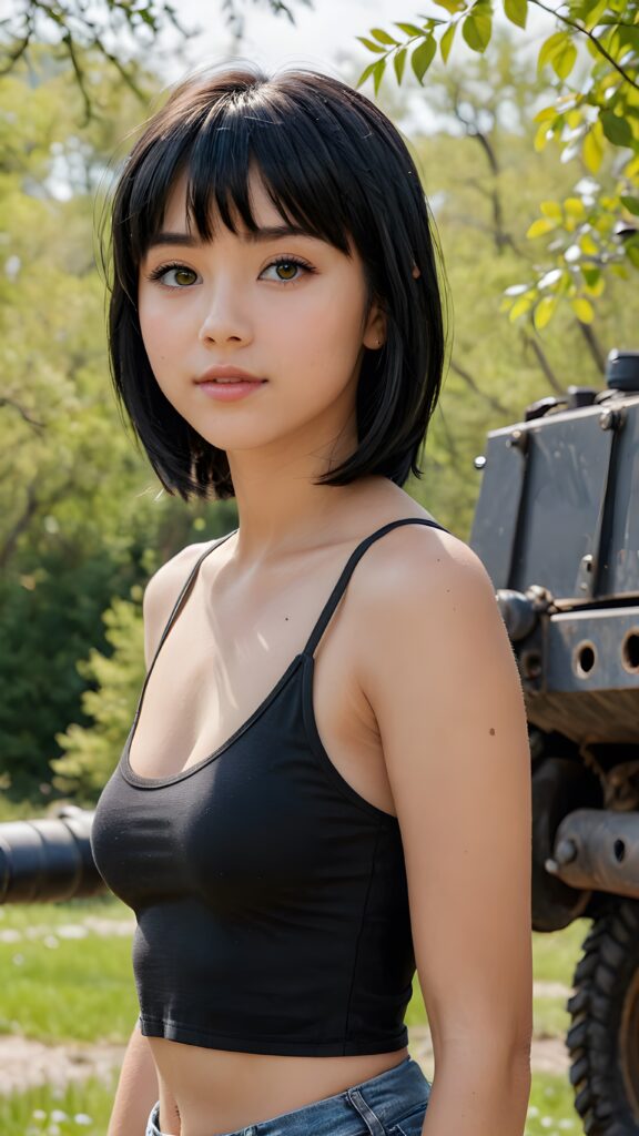 (((visualize a 3d picture))) of a (((cute teen girl))) with a ((((shoulder-length soft obsidian black straight hair)))), which perfectly styled and framed her face in (((side-swept bangs))), and ((piercing eyes)), accompanied by a sleek (((cropped tank top))). The scene is cropped from a (full-body view) to a (close-up of the girl), emphasizing her intricate details and expressing a sense of empathy and loneliness in the (((natural spring backdrop)))