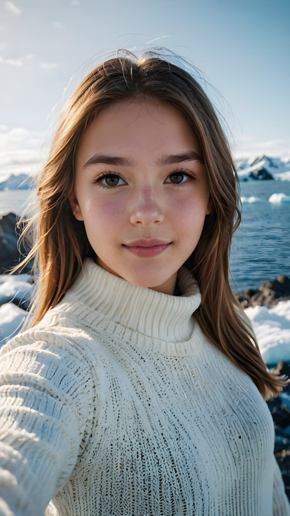 visualize a (((young teen girl, take a selfie))) (cute) (gorgeous). The vast Antarctic Ocean can be seen in the background