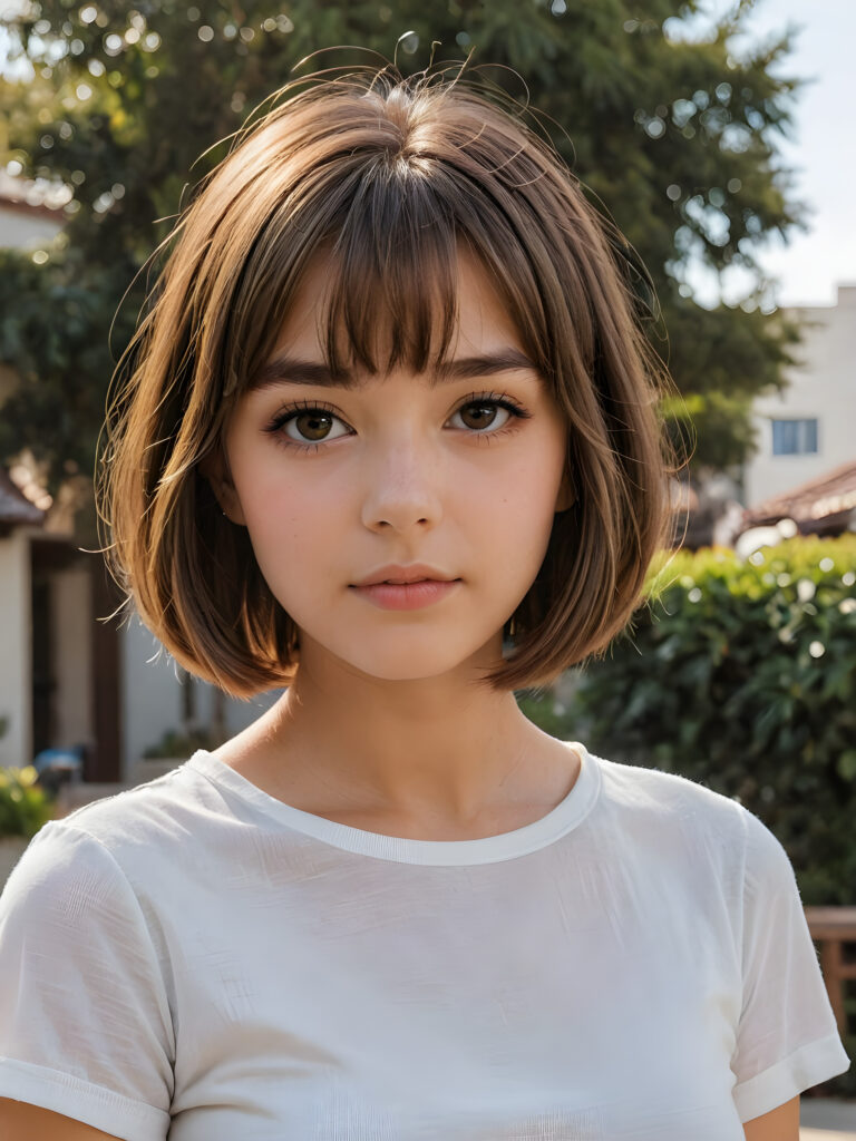 visualize a (((beautiful drawning))), capturing a (teen girl with long, straight soft brown hair, styled in a (short bob cut), her face framed by a short, bang-like fringe), and short, detailed facial features, facing forward with a serene expression, wearing a white short, crop t-shirt against a (detailed, realistic backdrop)