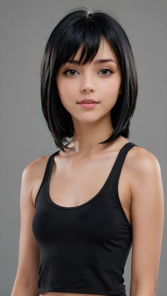 (((visualize a 3d picture))) of a (((cute teen emo girl))) with a ((((shoulder-length soft obsidian black straight hair)))), which perfectly styled and framed her face in (((side-swept bangs))), ((Bob cut)), and ((piercing eyes)), accompanied by a sleek and stylish (((tank top))). The scene is cropped from a (full-body view) to a (close-up of the girl), emphasizing her intricate details and expressing a sense of empathy and loneliness in the (((grey background))), side view