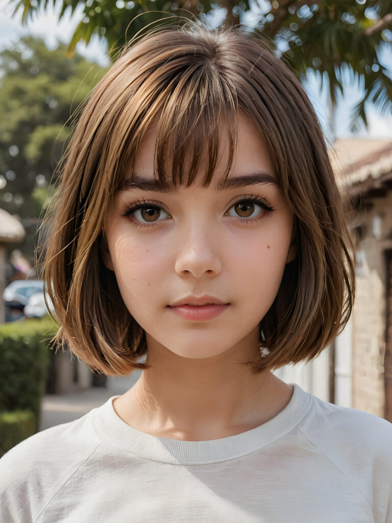 visualize a (((beautiful drawning))), capturing a (teen girl with long, straight soft brown hair, styled in a (short bob cut), her face framed by a short, bang-like fringe), and short, detailed facial features, facing forward with a serene expression, wearing a white short, crop t-shirt against a (detailed, realistic backdrop)