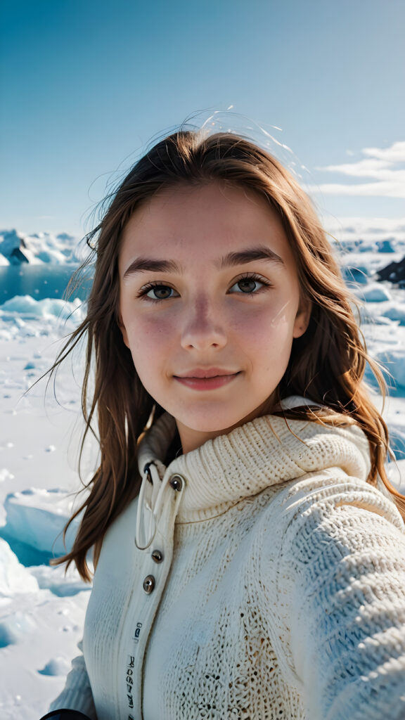 visualize a (((young teen girl, take a selfie))) (cute) (gorgeous). The vast Antarctic Ocean can be seen in the background