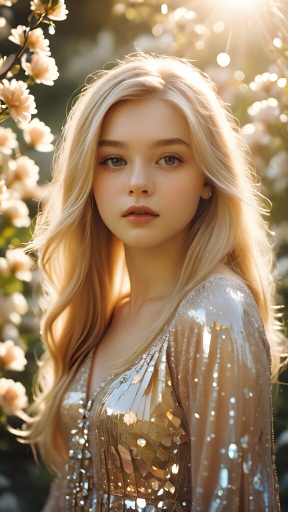 visualize a (((vividly drawn teenage girl))) with long, flowing blonde hair, standing against a backdrop of delicate blooms softly bathed in a (((vintage diamond sunlight filter))), her form and details reflect a timeless fantasy aesthetic that combines whimsy and nostalgia, as if captured through a shattered mirror