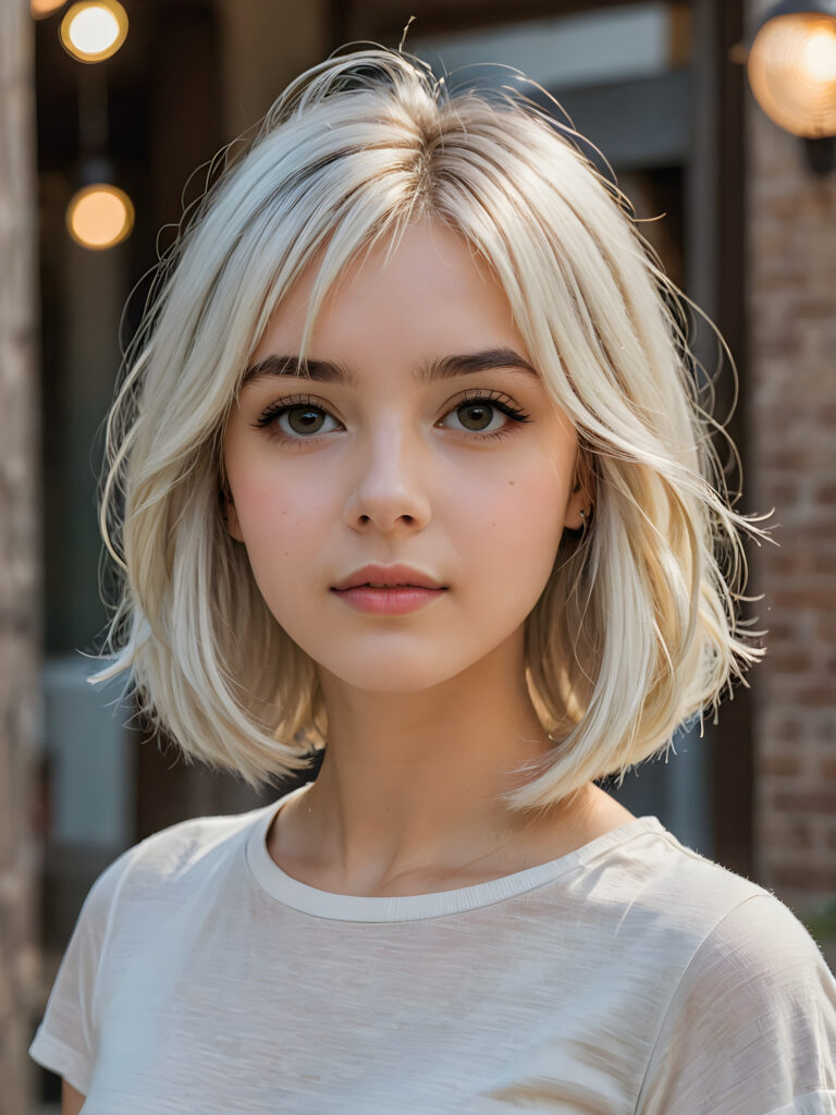 visualize a (((beautiful drawning))), capturing a (teen girl with long, flowing white hair, styled in a (short bob cut), her face framed by a short, bang-like fringe), and short, detailed facial features, facing forward with a serene expression, wearing a short, crop t-shirt against a (detailed, realistic backdrop)