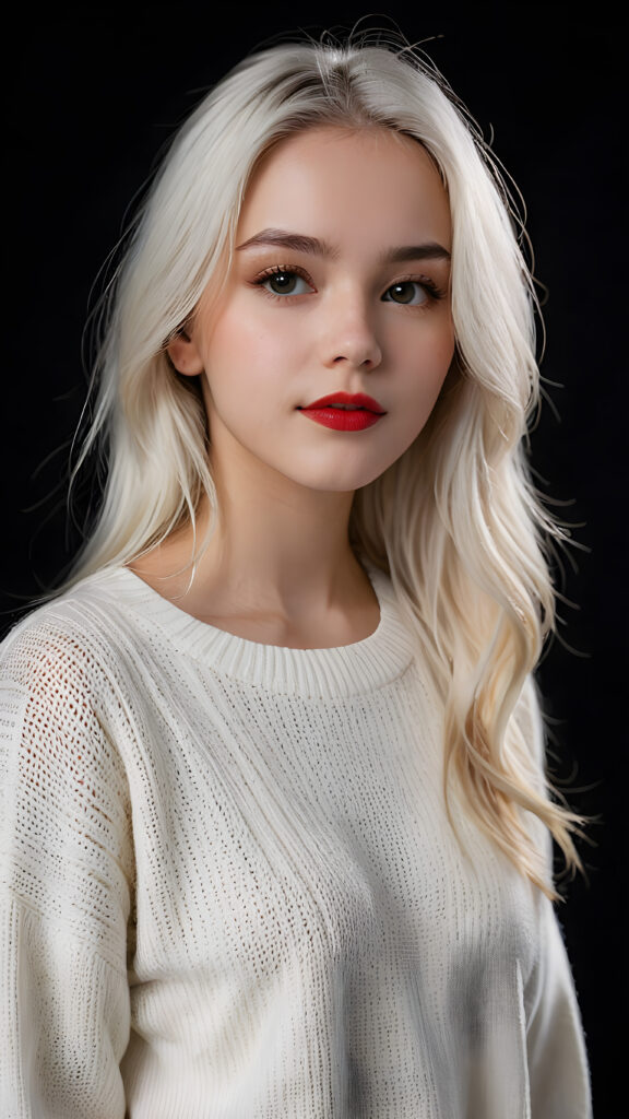 visualize a (((digital masterpiece))), ((a teen girl wears a thin light white sweater)) that supports her perfect body, long straight soft white hair, full red lips, seductive look ((black background)) ((dimmed light)), perfect shadows