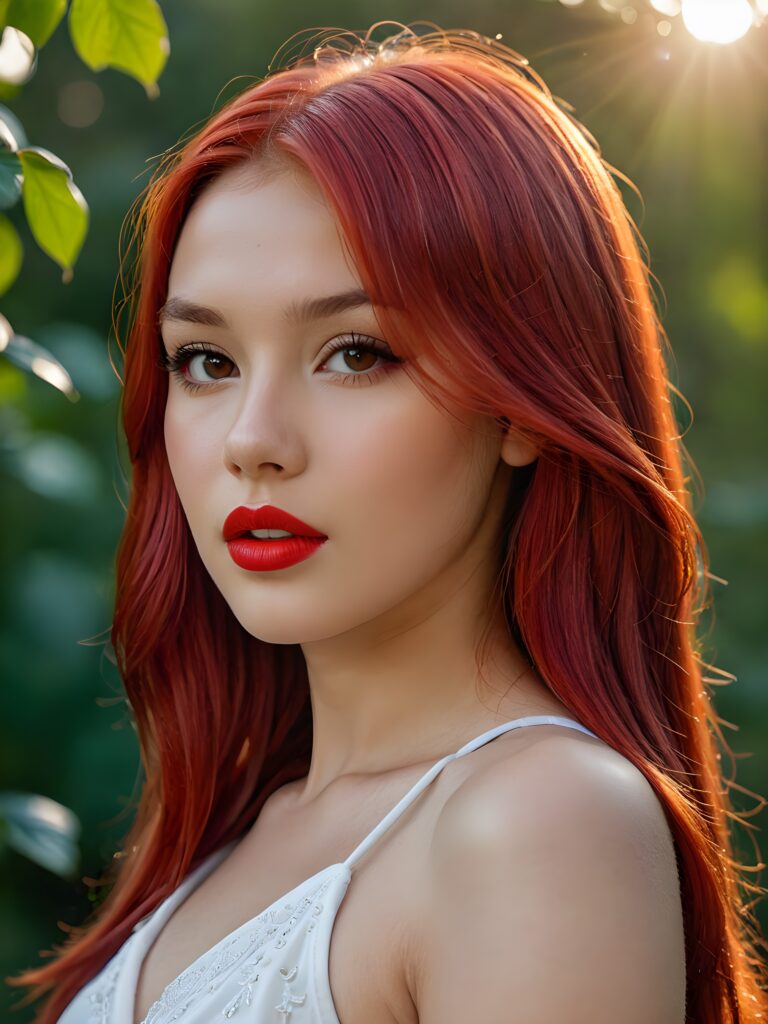 visualize a full body portrait (((stunning young teen girl))) (silky curved layers, (((vivid red soft straight hair)))), whose frame a (seriously sensual face) with (dramatically contrasting, full, (((red lips)))), set against a (broodingly atmospheric backdrop) for an unforgettable (upper body shot). Her features are captured in (intense detail), accentuated by the (ombré shadow and highlights) that draw the eye