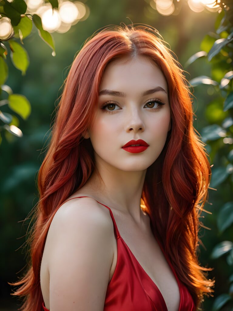 visualize a full body portrait (((stunning young teen girl))) (silky curved layers, (((vivid red soft straight hair)))), whose frame a (seriously sensual face) with (dramatically contrasting, full, (((red lips)))), set against a (broodingly atmospheric backdrop) for an unforgettable (upper body shot). Her features are captured in (intense detail), accentuated by the (ombré shadow and highlights) that draw the eye