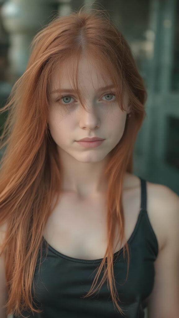 visualize a portrait: (((young teenage girl with long, soft straight red hair))), clad in flowing ((dark thin leather tank top that reflect her (stunningly gorgeous figure)))