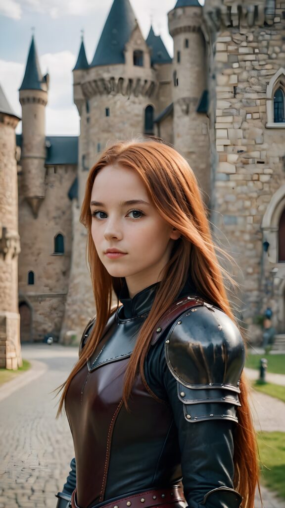 visualize a portrait: (((young teenage girl with long, soft straight red hair))), clad in flowing ((dark thin leather armor that reflect her (stunningly gorgeous figure))) (castle in backdrop)