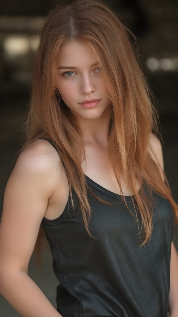 visualize a portrait: (((young teenage girl with long, soft straight red hair))), clad in flowing ((dark thin leather tank top that reflect her (stunningly gorgeous figure)))