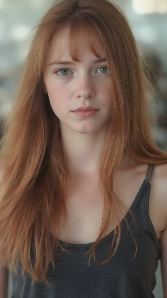 visualize a portrait: (((young teenage girl with long, soft straight red hair))), clad in flowing ((dark thin leather tank top that reflect her (stunningly gorgeous figure)))