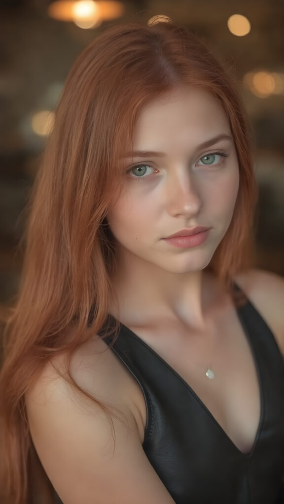 visualize a portrait: (((young teenage girl with long, soft straight red hair))), clad in flowing ((dark thin leather tank top that reflect her (stunningly gorgeous figure)))