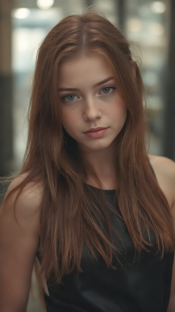 visualize a portrait: (((young teenage girl with long, soft straight red hair))), clad in flowing ((dark thin leather tank top that reflect her (stunningly gorgeous figure)))